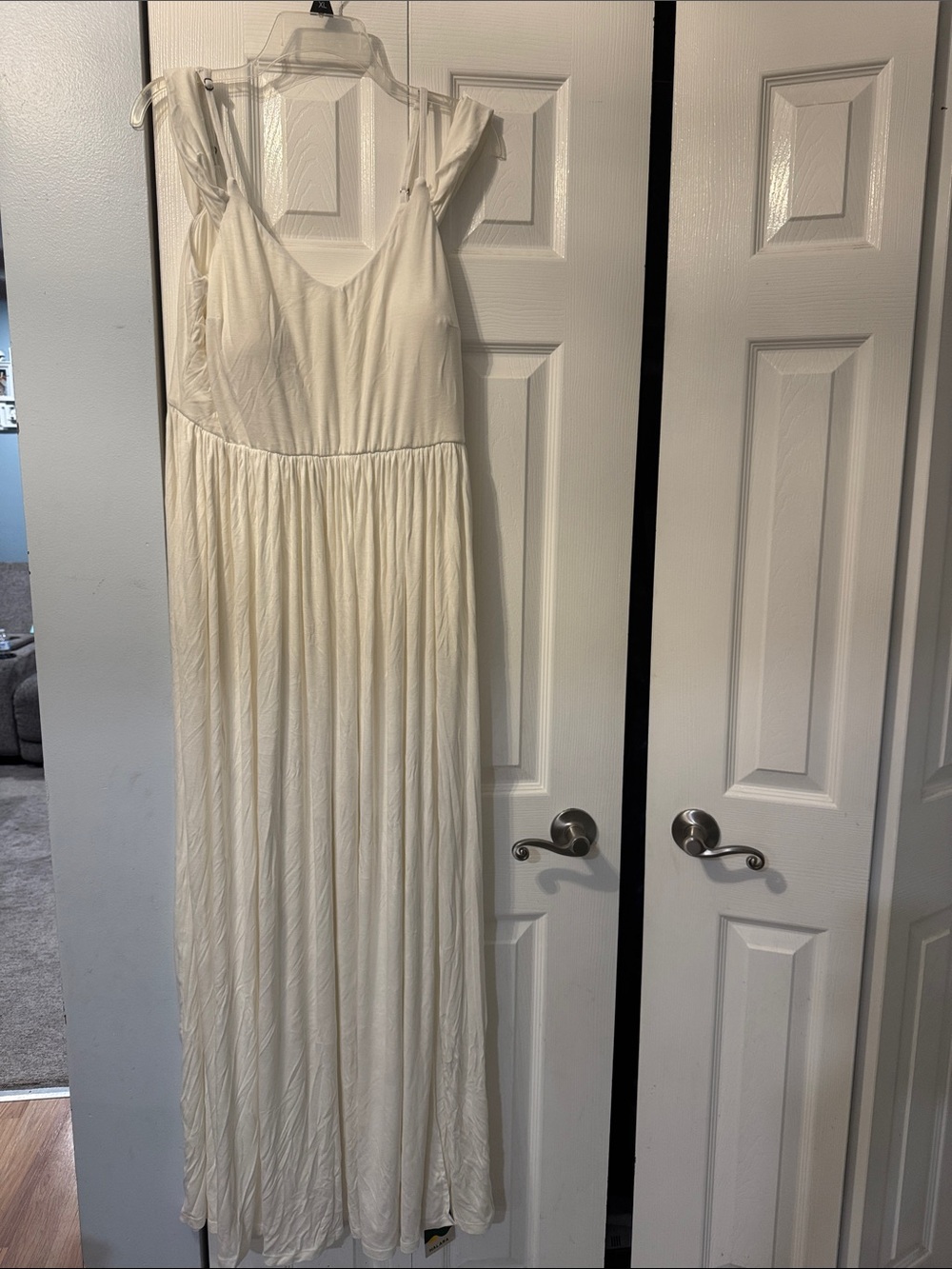 Women’s Cream Maxi Dress with Spaghetti Straps and off Shoulder Detail